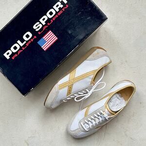 Polo Sport Ralph Lauren Pique Runner Sneakers White Gold Mesh Suede Women’s 6.5